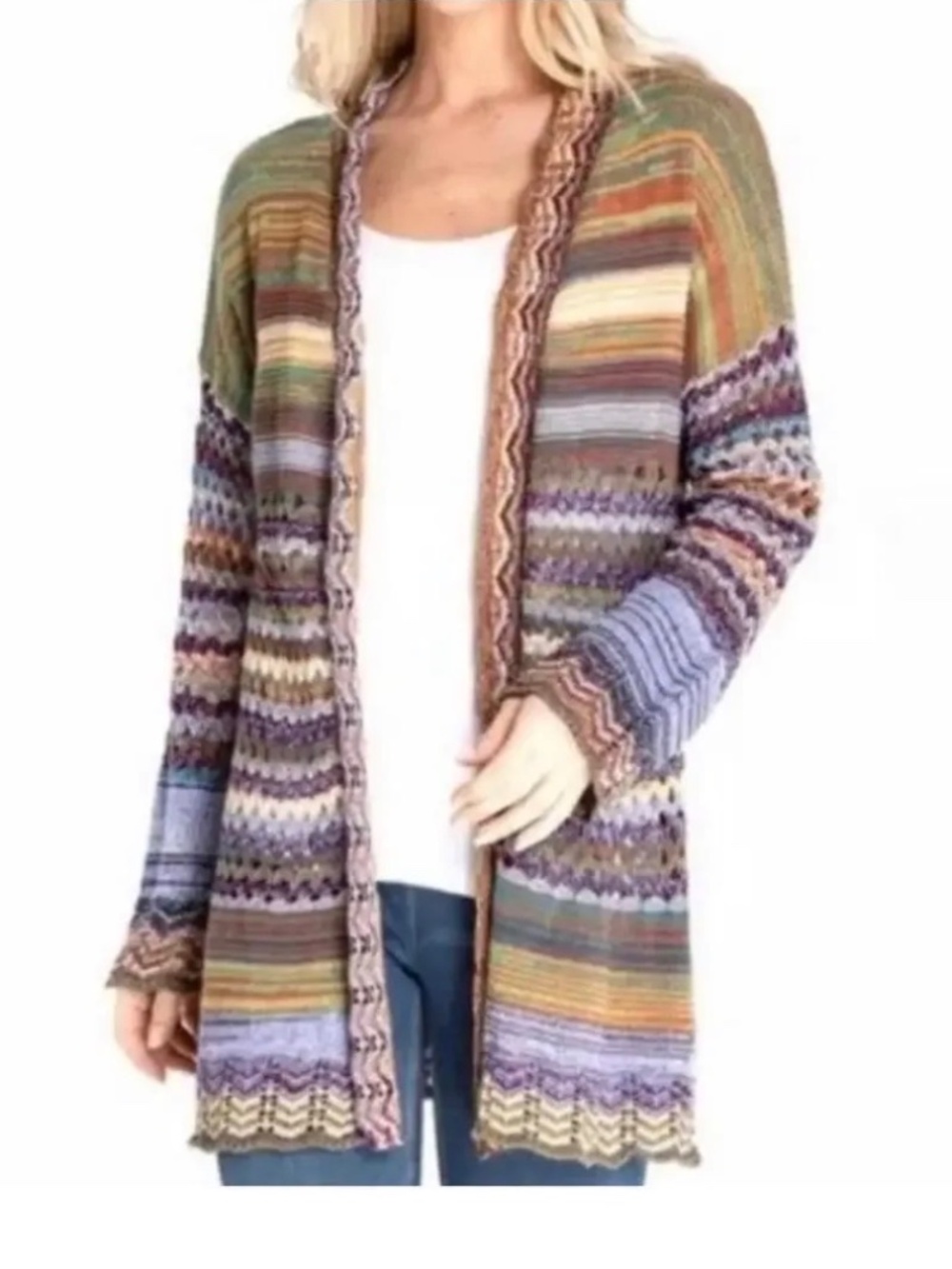 Soft Surroundings Albi crochet knit Multicolor Cardigan Open Front Sz XS